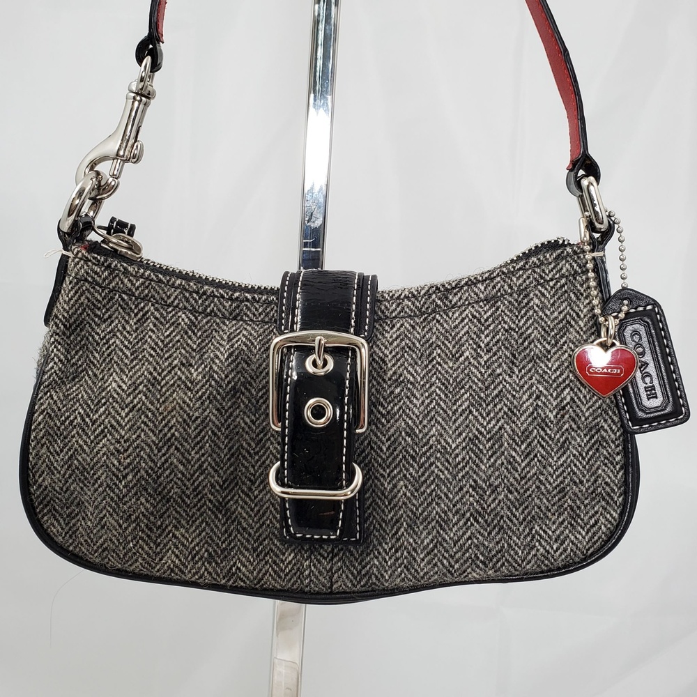 Vintage 2004 Y2K Coach Hamptons Herringbone Wool Leather Shoulder Bag Heart 1406 - Picture 2 of 16